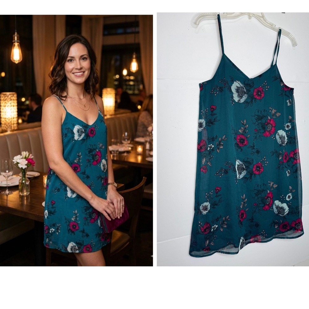Mudd Floral Mini Shift Dress Women M Teal Chiffon V-Neck Whimsigoth Y2K 90s Boho